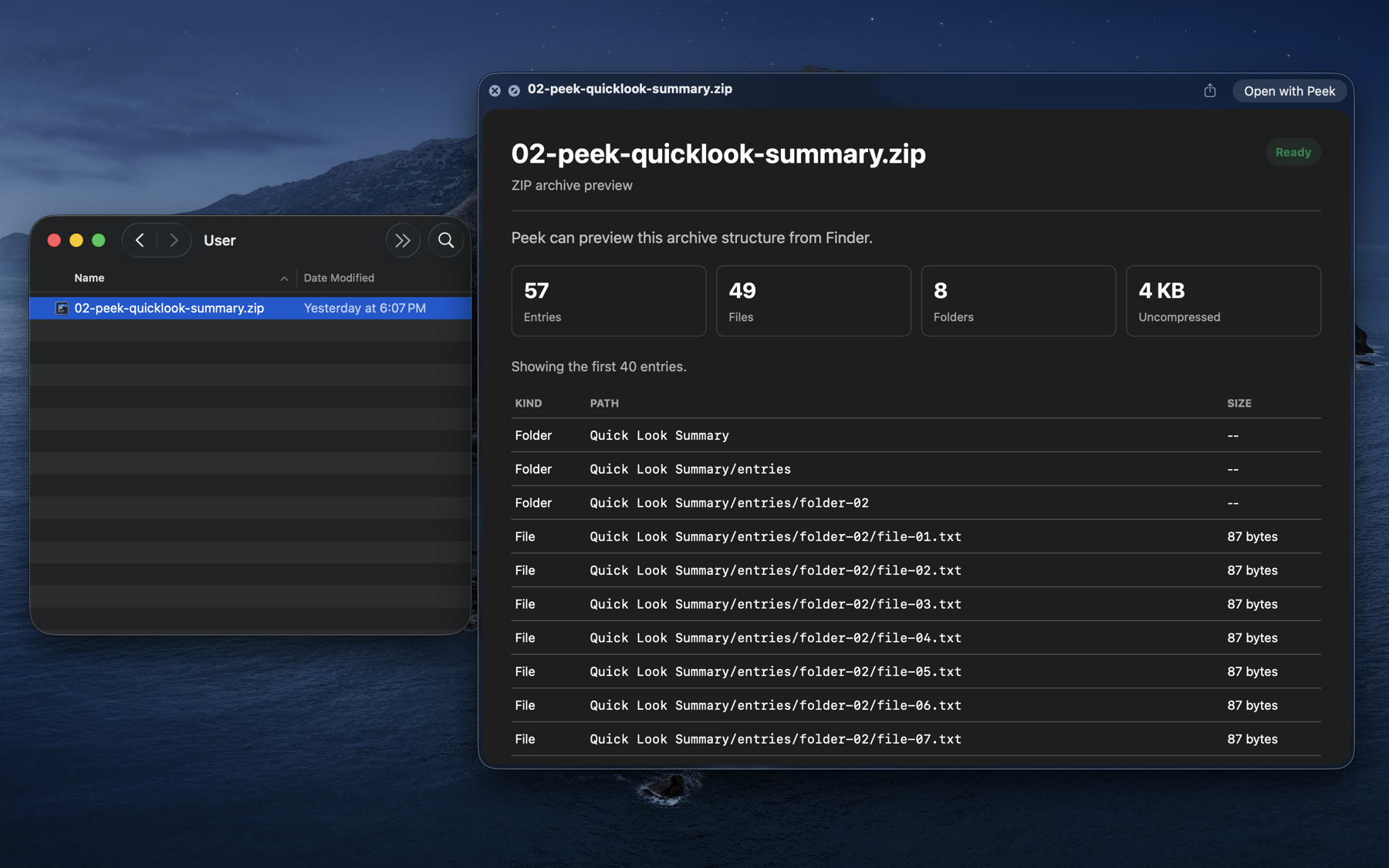 Resumen de archivo de Peek Quick Look en Finder