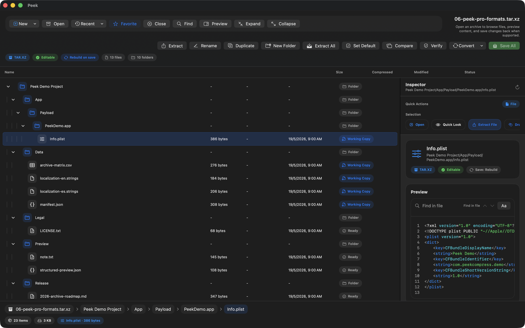 Peek Compress mostrando un archivo TAR.XZ